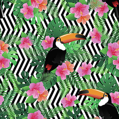 Wall Art - Drawing - Seamless pattern with exotic hibiscus flowers toucan bird and palm leaves by Julien