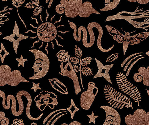 Wall Art - Drawing - Seamless pattern with mystical and magic symbols. Stock illustration with snake, sun, moon, crystal, stars and rose by Julien