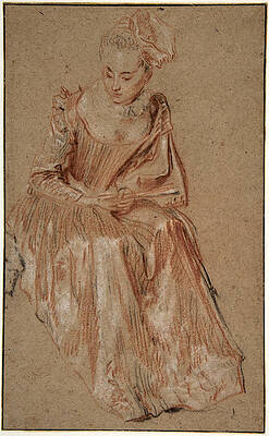 Seated Woman Holding A Fan Print by Antoine Watteau