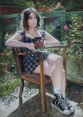 Wall Art - Painting - Seated woman with camera by Martin Davey