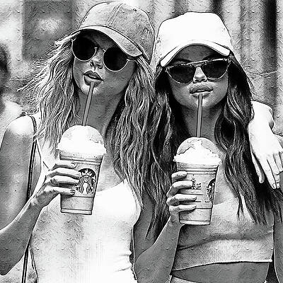 Wall Art - Digital Art - Selena Gomez and Taylor Swift BW by Gradify Creations