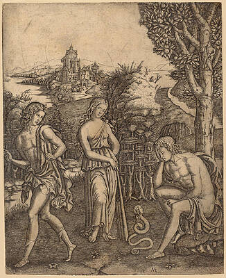 Serpent Speaking To A Young Man Print by Marcantonio Raimondi