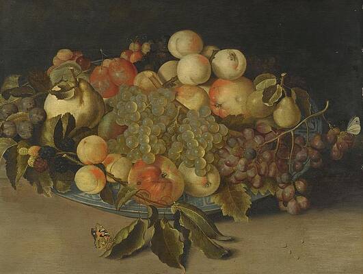 Wall Art - Drawing - Sill Life With Blackberries Apples Peaches And Pears In A Chinese Blue And White Porcelain Bowl art by Johannes Bosschaert Dutch ca   ca