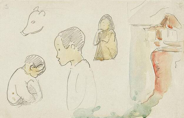 Wall Art - Drawing - Sketches of Crouching and Standing Figures, a Pig, and a Hut at Waters Edge by Paul Gaugin
