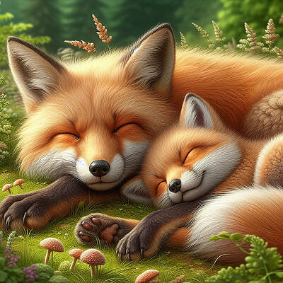 Wall Art - Ai Art - Sleepy Foxes by Angela Brunson