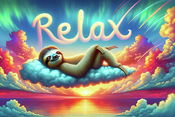 Wall Art - Digital Art - Sloth relaxing on colorful clouds 01 by Matthias Hauser