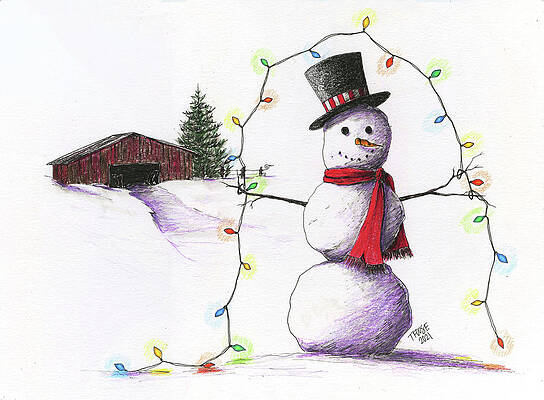 Wall Art - Drawing - Snowman Lights On by Taphath Foose