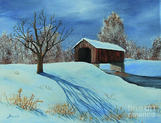 Wall Art - Painting - Snowy Covered Bridge by Jeanette French