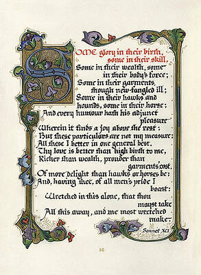 Wall Art - Drawing - Some glory in their birth, some in their skill - Shakespeare, Sonnet 91 - Illuminated manuscript by Alberto Sangorski