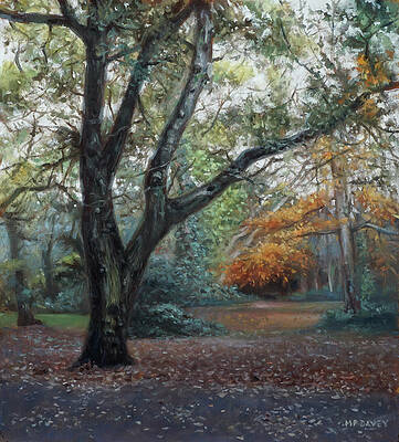 Wall Art - Painting - Southampton Common tree by path in Autumn by Martin Davey