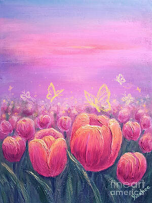 Wall Art - Painting - Spring on tulip field by Yoonhee Ko