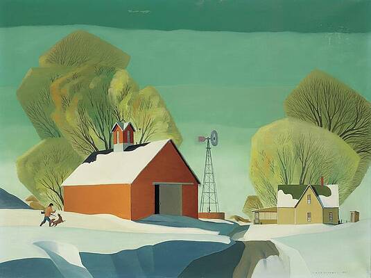 Wall Art - Painting - Spring snow - Farm scene with barns and windmill by Dale Nichols by Dale William Nichols