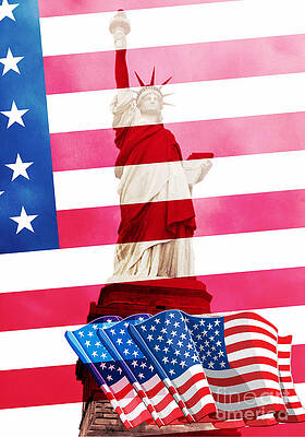 Statue of Liberty New York Vintage Cloudy View 1981 Decorated with USA Flags Stripes by John Shiron Statue of Liberty New York Vintage Cloudy View 1981 Decorated with USA Flags Stripes by John Shiron