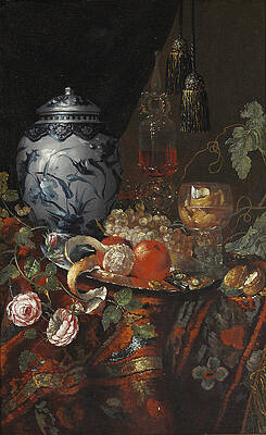 Still life with Dutch faience jar, fruit and glass Print by Circle of Willem Kalf