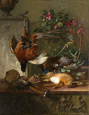Still Life with Game and a Greek Stele, Allegory of Autumn Print by Georgius Jacobus Johannes van Os
