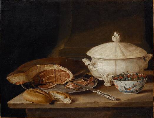 Wall Art - Drawing - Still Life with Ham on a Pewter Dish a Faience Set and a Bowl of Gooseberries and Red Currants art by Pehr Hillestrom Swedish