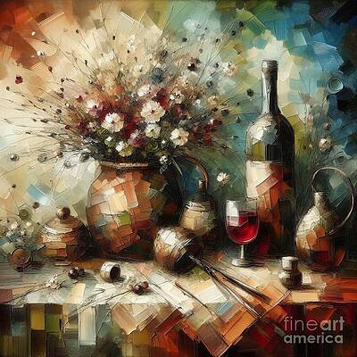 Wall Art - Digital Art - Still life with wine and flowers by Christina Fairhead Art and Merch