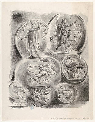 Studies of Seven Greek Coins Print by Eugene Delacroix