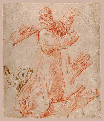 Study for a Figure of Saint Francis Kneeling in a Three-Quarter View and for His Hands Print by Annibale Carracci