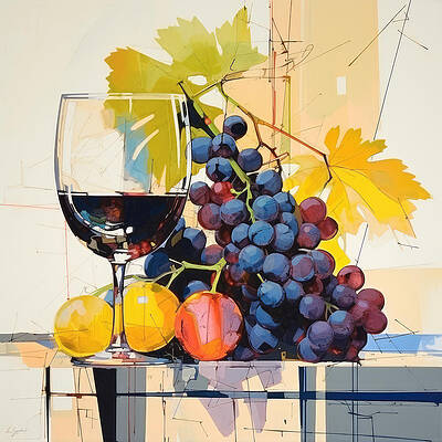 Wall Art - Painting - Sun-Kissed Clusters - Still Life with Grapes and Golden Hour Glow by Lourry Legarde