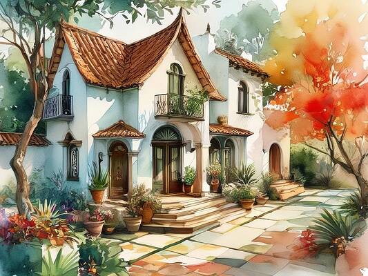 Wall Art - Digital Art - Sunny House With Red Tree by Eris And AI