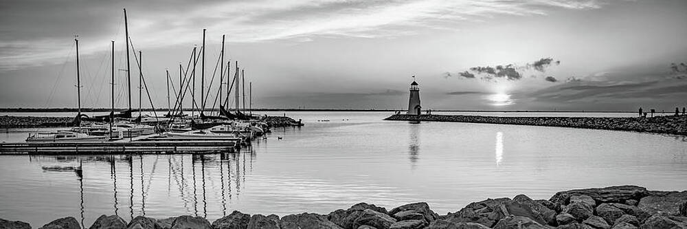 Wall Art - Photograph - Sunset And Sailboats At The Lake Hefner Lighthouse Monochrome - Oklahoma City Panorama by Gregory Ballos