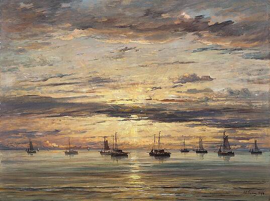Wall Art - Drawing - Sunset at Scheveningen  A Fleet of Fishing Vessels at Anchor  art by Hendrik Willem Mesdag Dutch