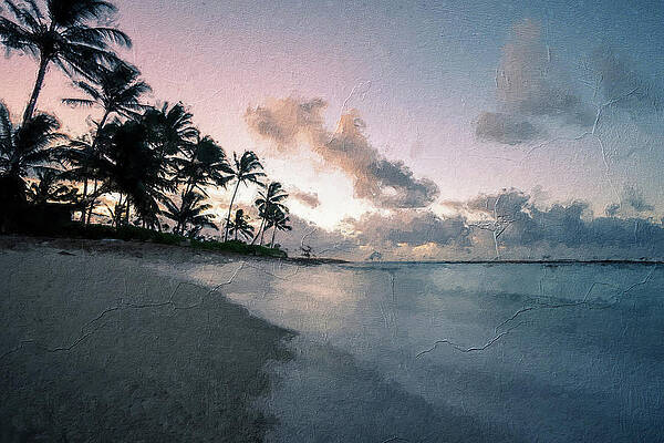 Sunset at the Caribbean beach with palm trees in the distance next to the seashore. by Davide Checchini