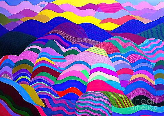 Wall Art - Painting - SUNSET OVER ROLLING HILLS  PATCHWORK FIELDS Painting abstract landscape stylized landscape patterns in landscape patchwork fields sunset over lake shapes and patterns 3d abstract alien alien planet by N Akkash