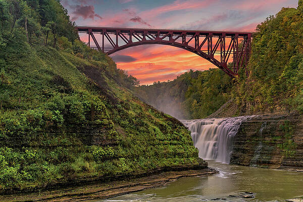Sunset Over The Upper Falls And Arch Bridge At Letchworth State by Jim Vallee Sunset Over The Upper Falls And Arch Bridge At Letchworth State by Jim Vallee