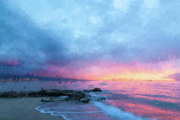 Sunset reflecting on the sea with village lights in the distance and waves crashing on rocks by Davide Checchini