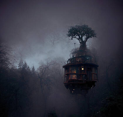 Wall Art - Digital Art - Surreal Treehouse In Fog by Dan Sproul