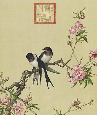 Wall Art - Painting - Swallows and peach blossom - Chinese flower and bird paintings by Giuseppe Castiglione by Giuseppe Castiglione Lang Shining