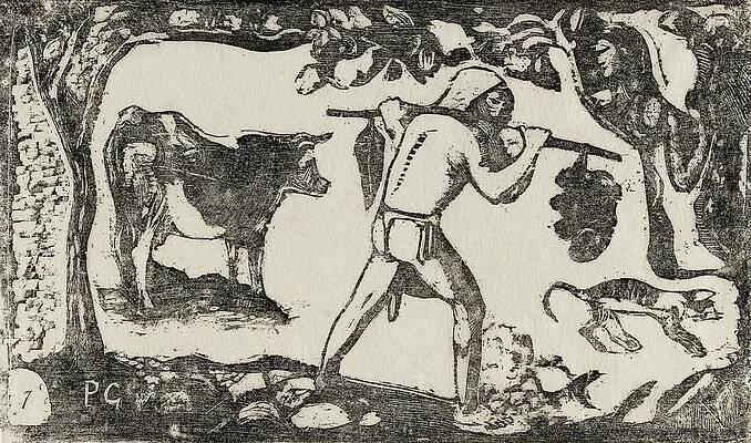 Wall Art - Drawing - Tahitian Carrying Bananas, from the Suite of Late Wood Block by Paul Gaugin