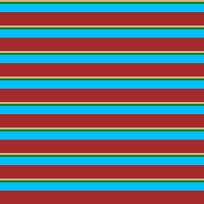 [ Thumbnail: Tan, Green, Deep Sky Blue, and Brown Colored Stripes/Lines Pattern Art Print ]