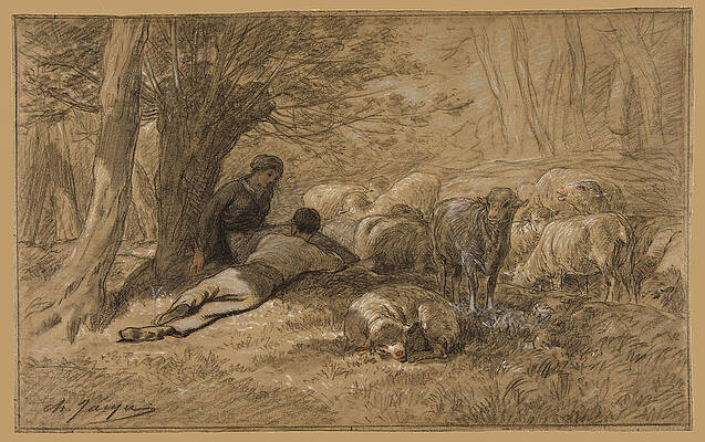 Tending The Sheep Print by Charles-Emile Jacque