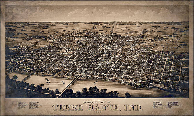 Wall Art - Drawing - Terre Haute Indiana Vintage Map Birds Eye View 1880 Sepia  by Carol Japp