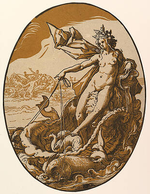 Tethys Reclining In A Giant Shell Chariot Pulled By Two Sea Creatures Print by Hendrik Goltzius