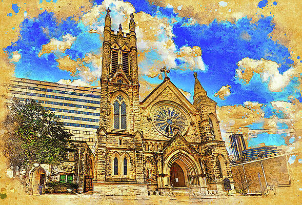 Wall Art - Digital Art - The Cathedral of Saint Mary in Austin, Texas - digital painting with vintage look by Nicko Prints