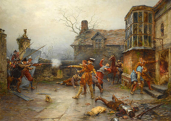 The Gunpowder Plot. the conspirators' last stand at Holbeach House Print by Ernest Crofts