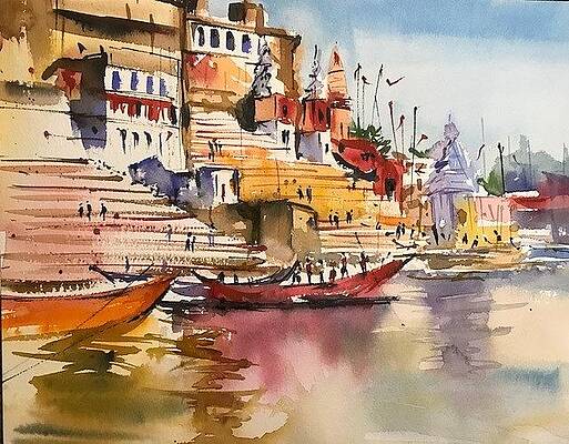 ArtsIndia Ganga Serenity Watercolor Painting Print of Banaras Riverside  Scenery (Material: Gloss, Size: 10 x 10, Style: Framed)