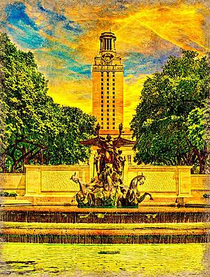 Wall Art - Digital Art - The Main Building of the University of Texas at Austin seen from the Littlefield Fountain at sunset by Nicko Prints