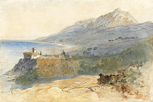 The Monastery of Stavronikita, Mount Athos Print by Edward Lear