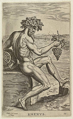 The River God Rhenus Of The Rhine, Seated On A Stone. A Bunch Of Grapes In His Hand Print by Philip Galle