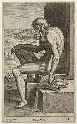 The River God Tagus Seated On A Stone. A Shell In His Hand Print by Philip Galle