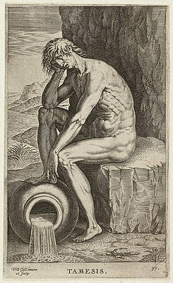 The River God Tamesis Of The Thames, Seated On A Stone Block Print by Philip Galle