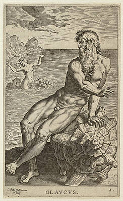 The Sea God Glaucus, Seated On A Shell. In The Background The Nymph Scylla Print by Philip Galle
