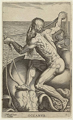 The Sea God Oceanus, Seated On A Sea Elephant Print by Philip Galle