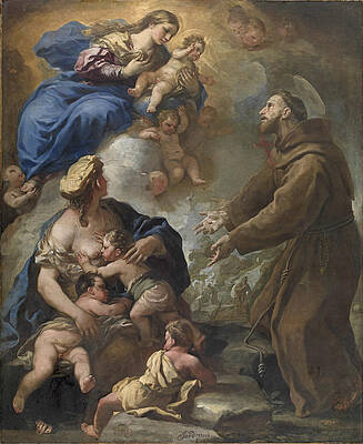 The Virgin and Child Appearing to Saint Francis of Assisi Print by Luca Giordano