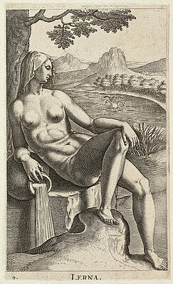 The water nymph Lerna, seated on a stone block. In the background the hydra of Lerna Print by Philip Galle